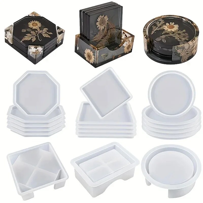 Gold Foil Flakes - Untersetzer-Harz-Formen-Set, bestehend aus 1 Stück Untersetzer-Aufbewahrungsbox-Form,