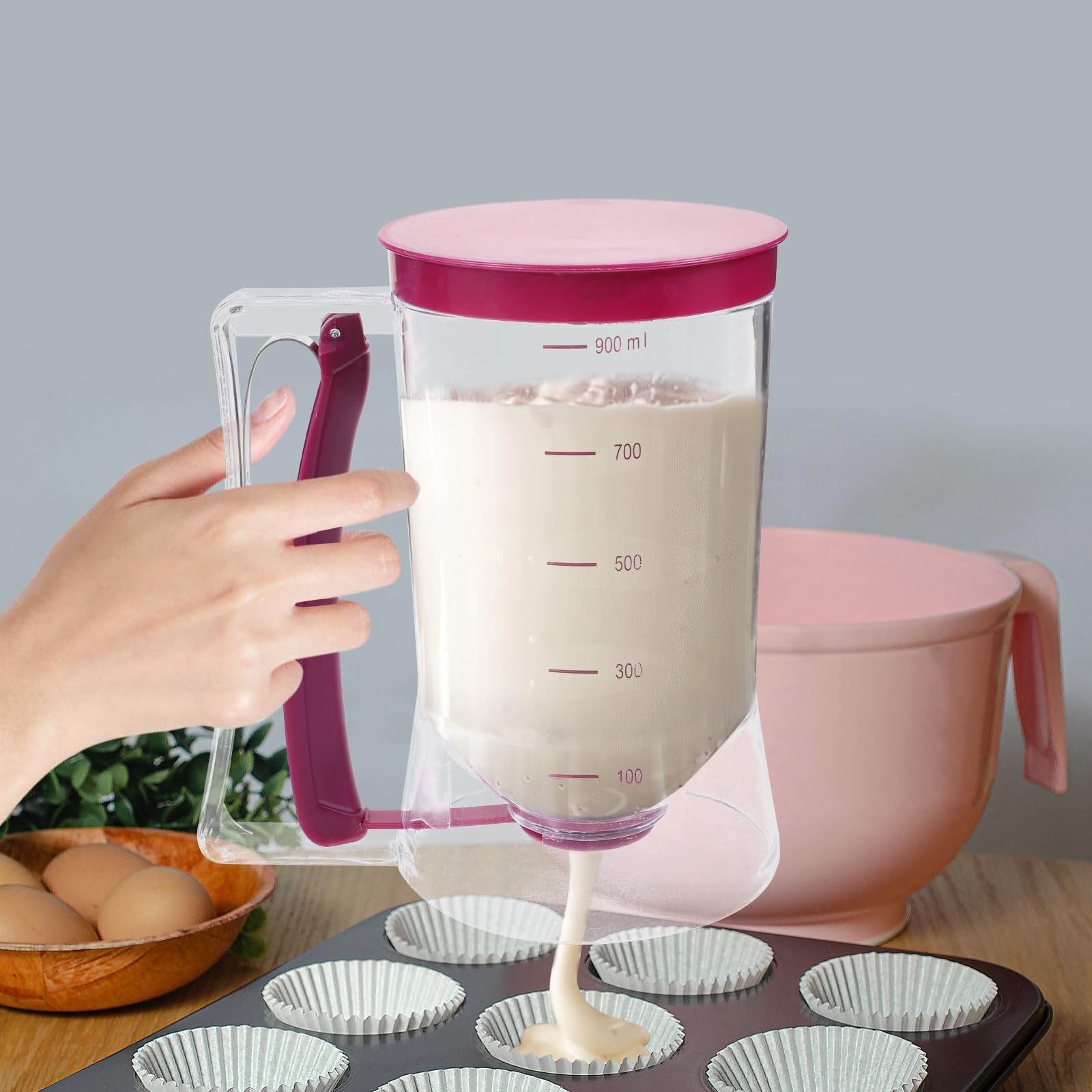 Mixing Cup Silicone - 900 ml Teigspender, Cupcake-Pfannkuchenteigspender mit Messetiketten,